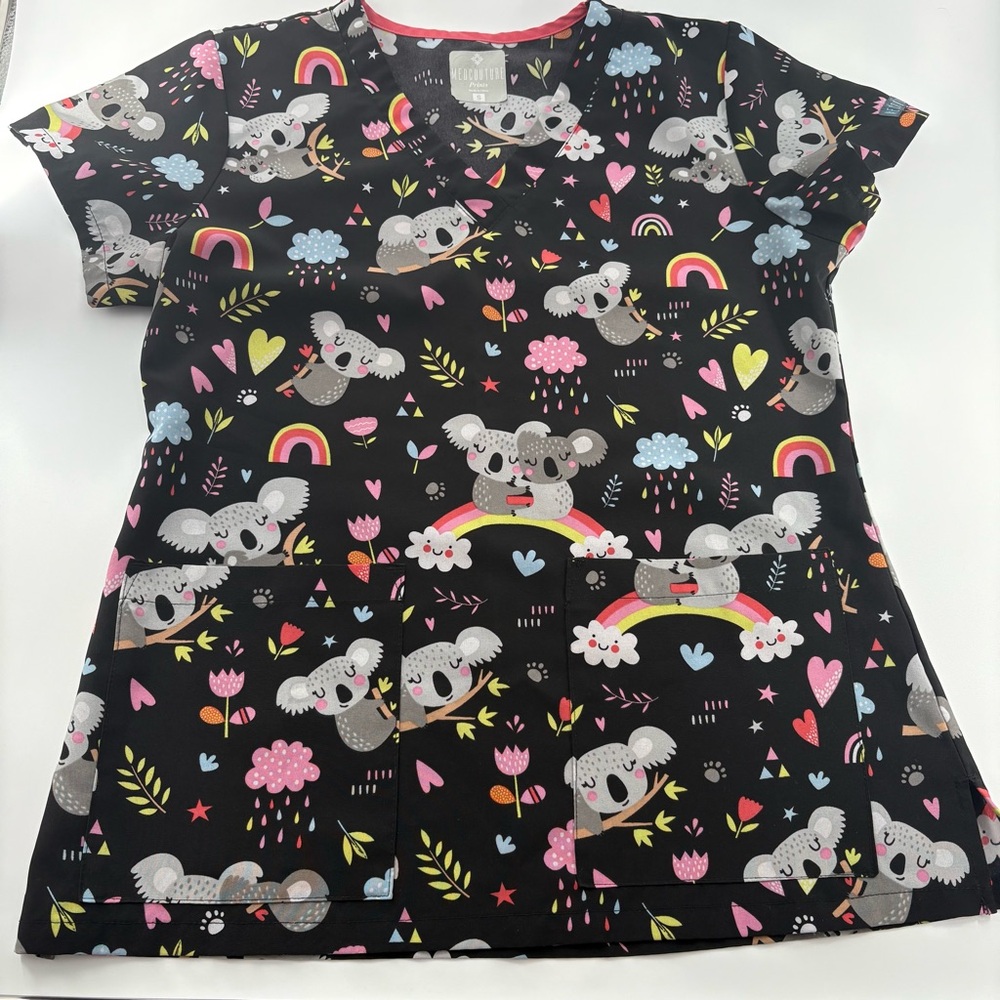 Med Couture Animal Print Scrub Top Black